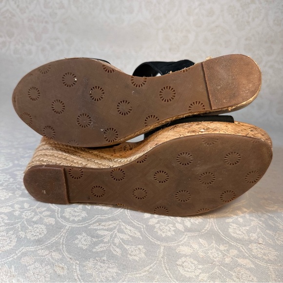 UGG Elena Black Leather Platform Wedge Strap Sandal Heels Size 7.5 - Picture 9 of 9